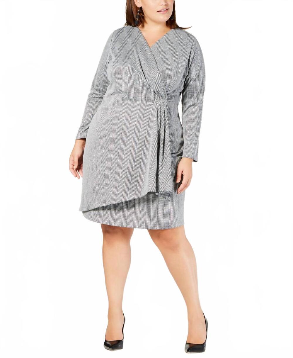 NEW NY COLLECTION women's plus metallic surplice wrap dress in silver/black